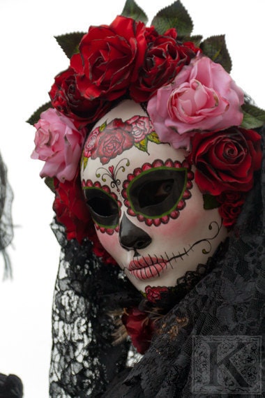Day of the dead - Signed photo 8 x 12 - BOGO sale - Carnival of Venice mask costume red black masquerade mystery pink gothic
