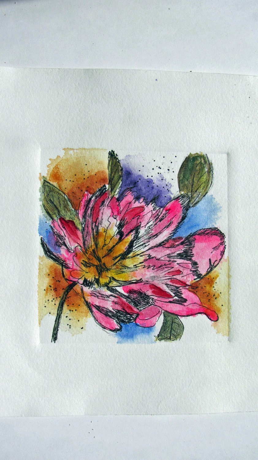 Peony Monoprint Original 6.5x6.5" Watercolor Flower Watercolor Painting Art by ACEO Artist MaryI