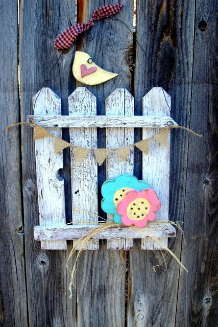 Spring Summer Easter Flower & Bird Seasonal Door Hanger Welcome Home Decor Rustic Picket Fence