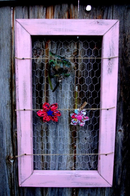 Sweet Pink Rustic Organizer Memo Board Photo Display Message Center Reclaimed Wood & Chicken Wire