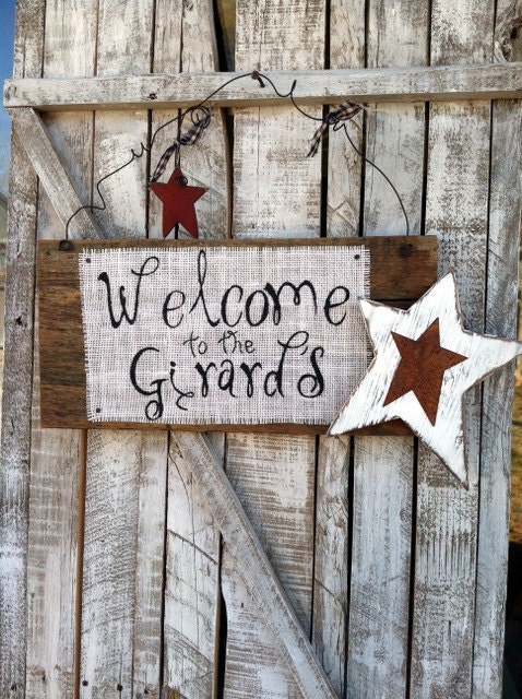 Rustic Americana Patriotic Fourth of July Independence Day Personalized Burlap Welcome Sign