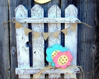 Spring Summer Easter Flower & Bird Seasonal Door Hanger Welcome Home Decor Rustic Picket Fence