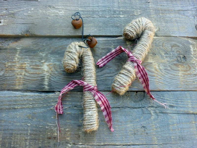 Jute wrapped Candy Cane Christmas Ornaments Natural Primitvie Rustic Decor