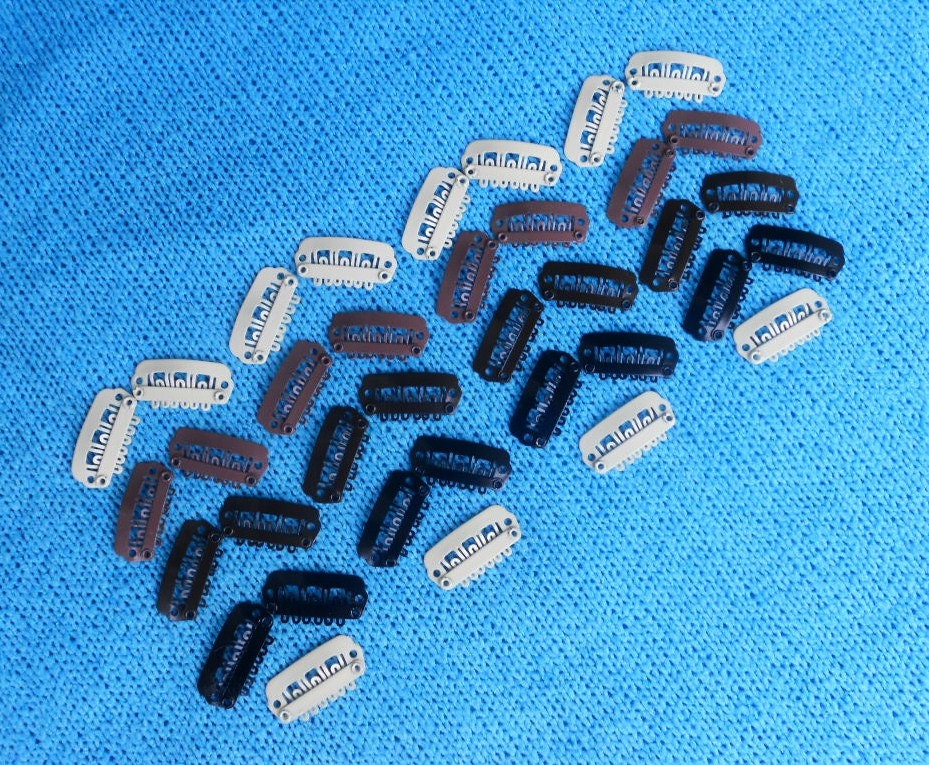 40 Snap Clips - 23mm Weft Clips in 4 Colors - BLACK, BROWN, WHITE - Tiny 24mm Extension Clips, Wig Clips, Toupee Clips, Comb Clips