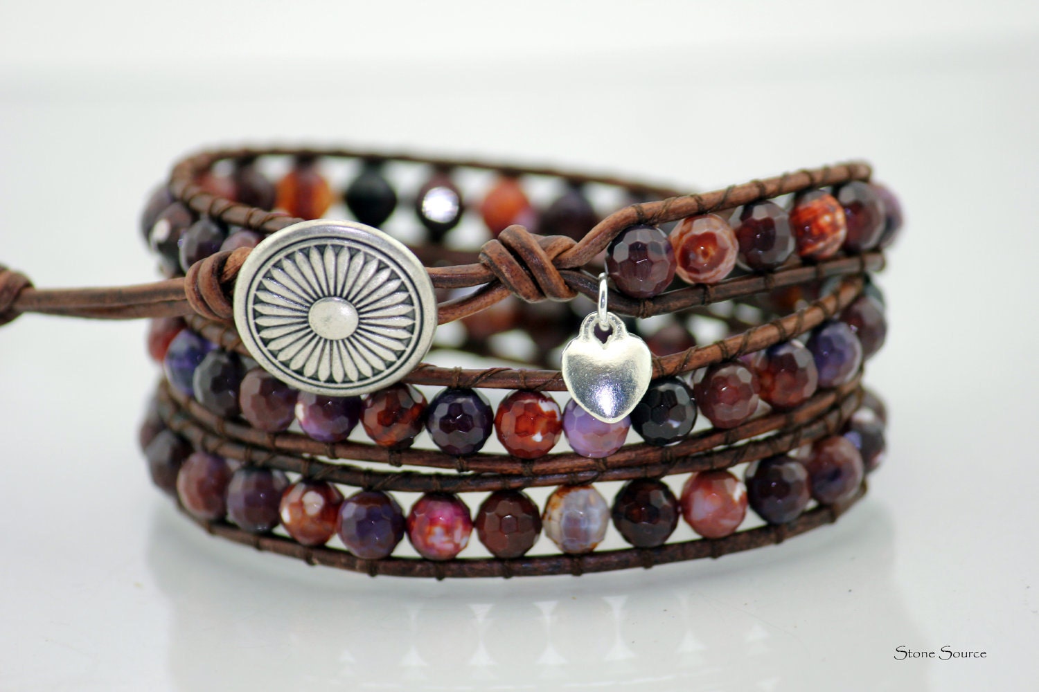 Wrap Bracelet - Cranberry Faceted Fire Agate - Sterling Silver Heart Charm