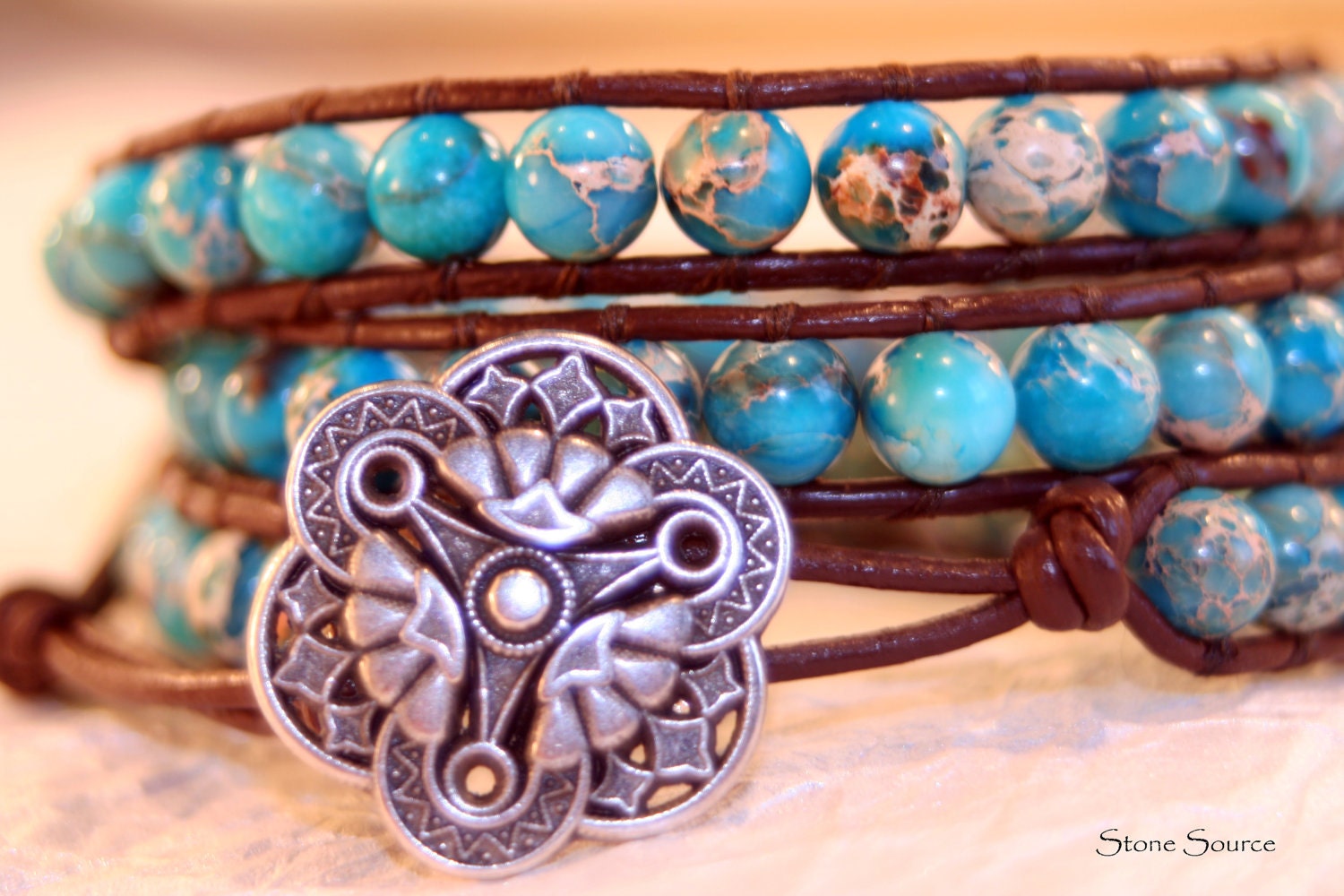 Turquoise Leather Wrap Bracelet - Chan Luu Style - Jasper