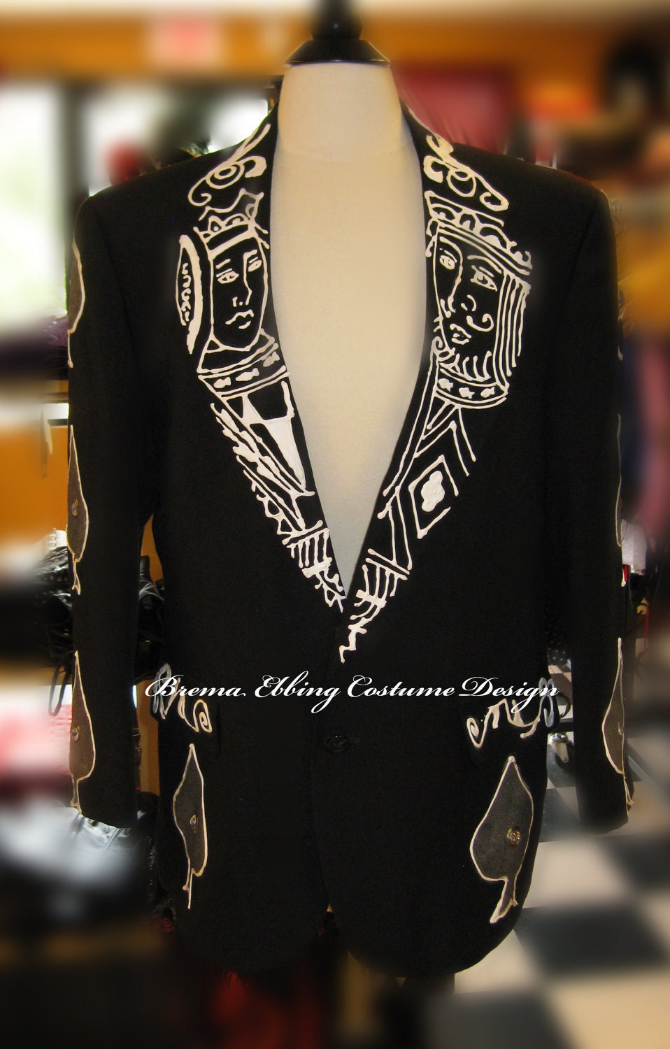 Black Suit  Ace Of Spades Inspired with Silver and White Hand Painted Details  and Rhinestone Crystal Accents