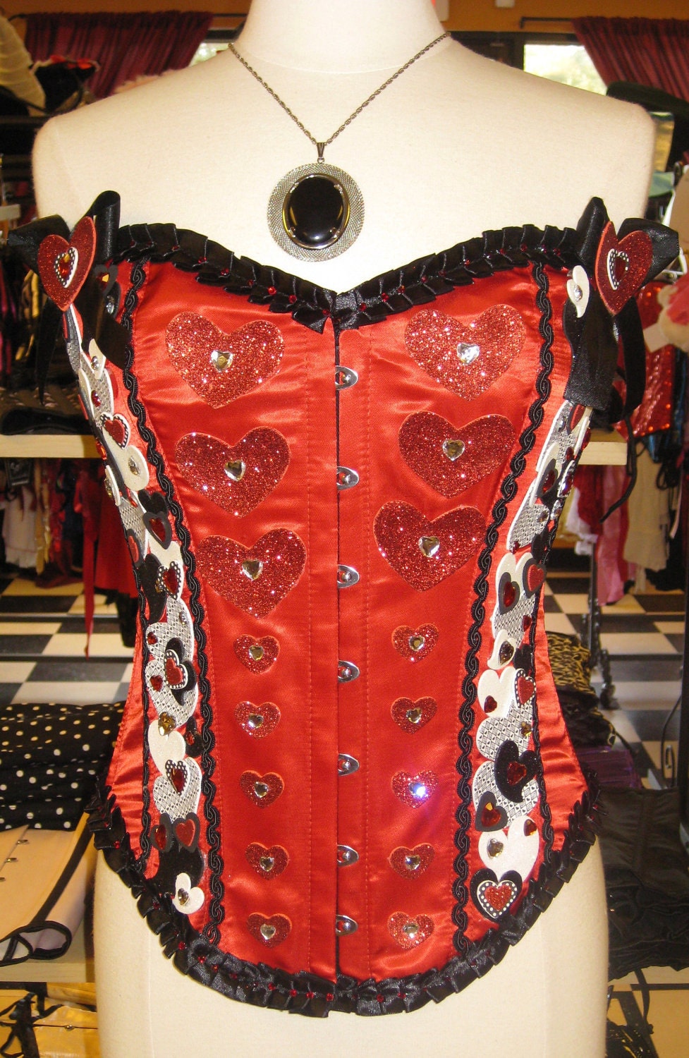 Queen of Hearts Corset Red Steel Boned Burlesque Pin Up Costume