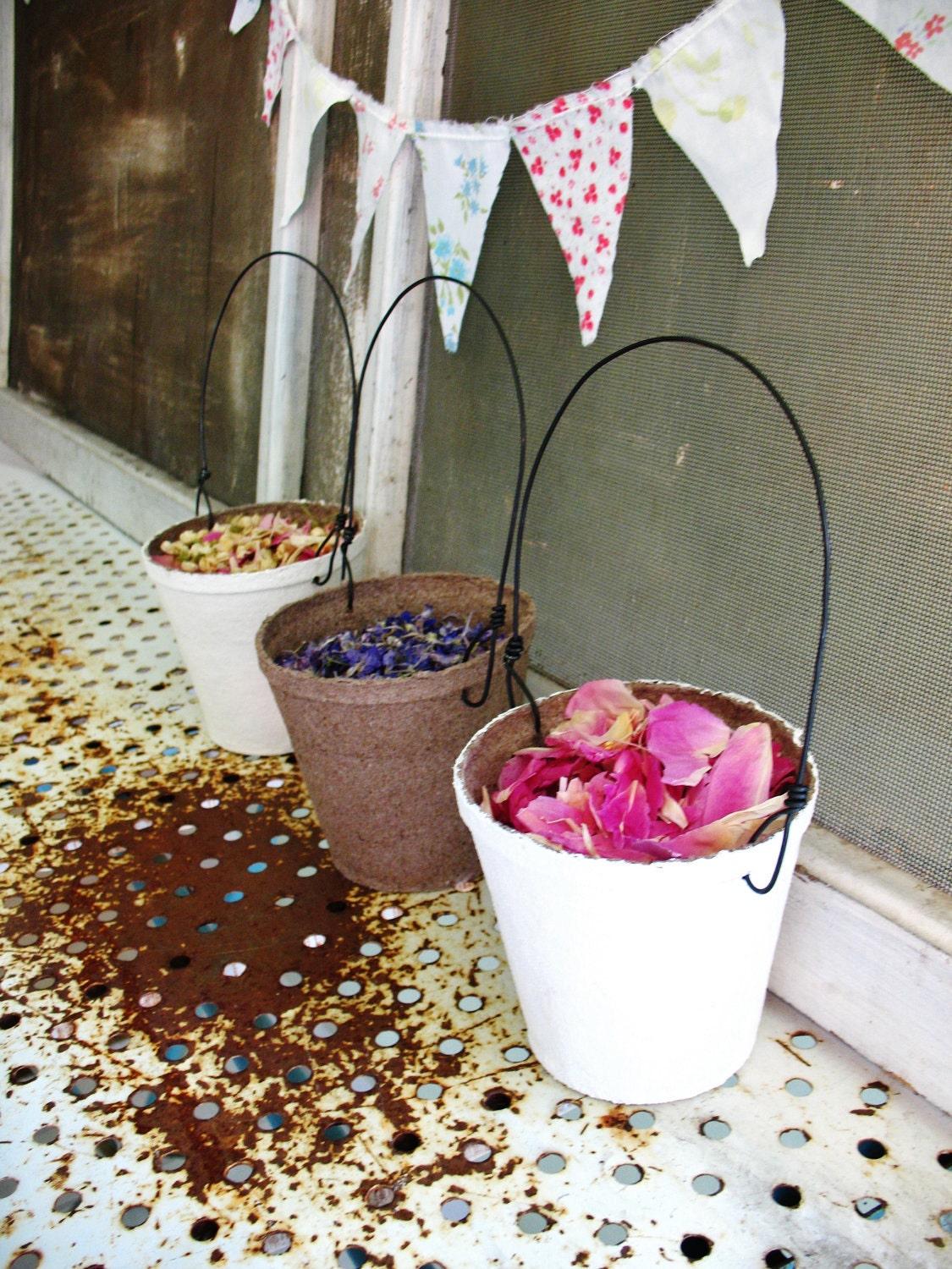 simplicity . one papier mache flower girl basket . your choice of white, ivory, or burlap . for a shabby chic wedding