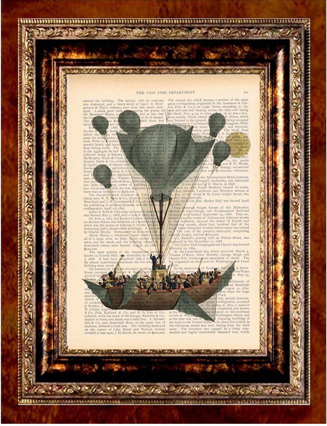STEAMPUNK AIR BALLOON Vintage Art Print Antique 1800's Book Page or Dictionary Page Upcycled Recycled
