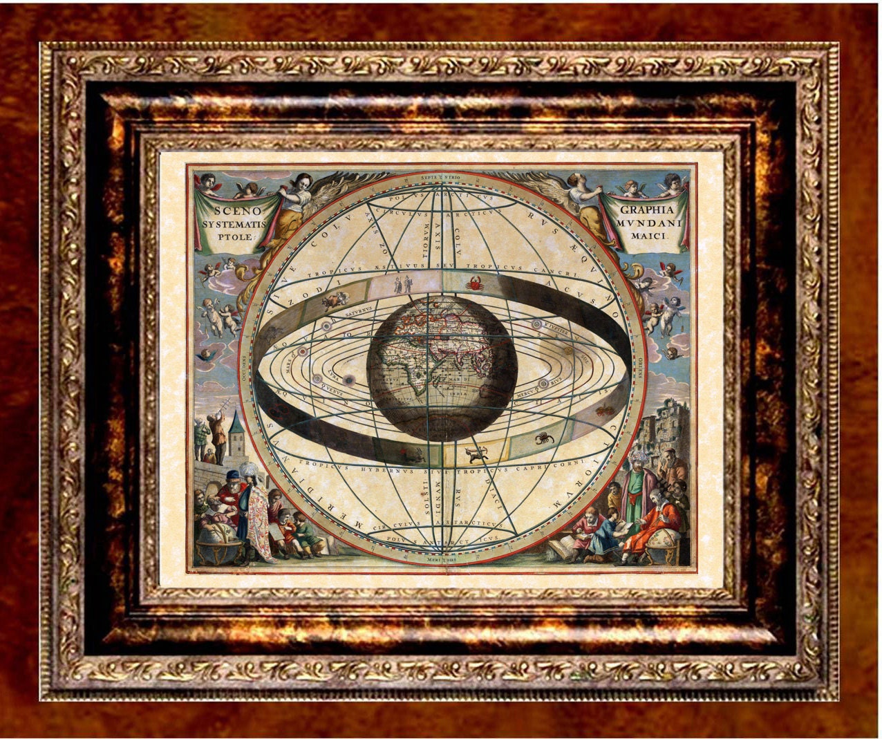 ZODIAC Old World Art Print Map - 1660 Zodiac Chart Solar System with World on Parchment Paper
