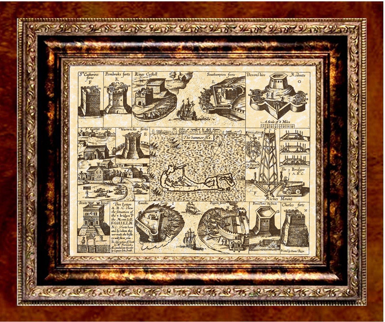 Bermuda with Forts Map Print - John Smith 1624 map of Bermuda Printed on Parchment Paper