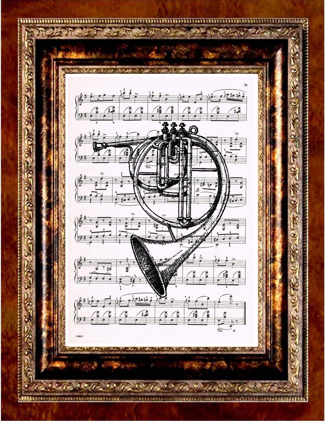 French Horn Art Print -  Printed on Antique Music Page Upcycled Recycled