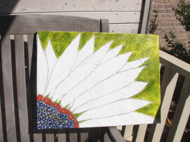 Original Mixed Media on 18 x 24 canvas using Lime Green, Orange, Royal Blue, White "Crazy Daisy"