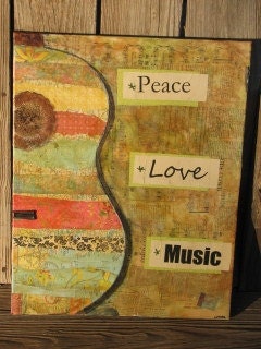 Original Mixed Media Colorful Guitar Peace Love Music