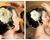 BEAUTIFUL ivory flower with lace, pearls, crystals, & birdcage veil