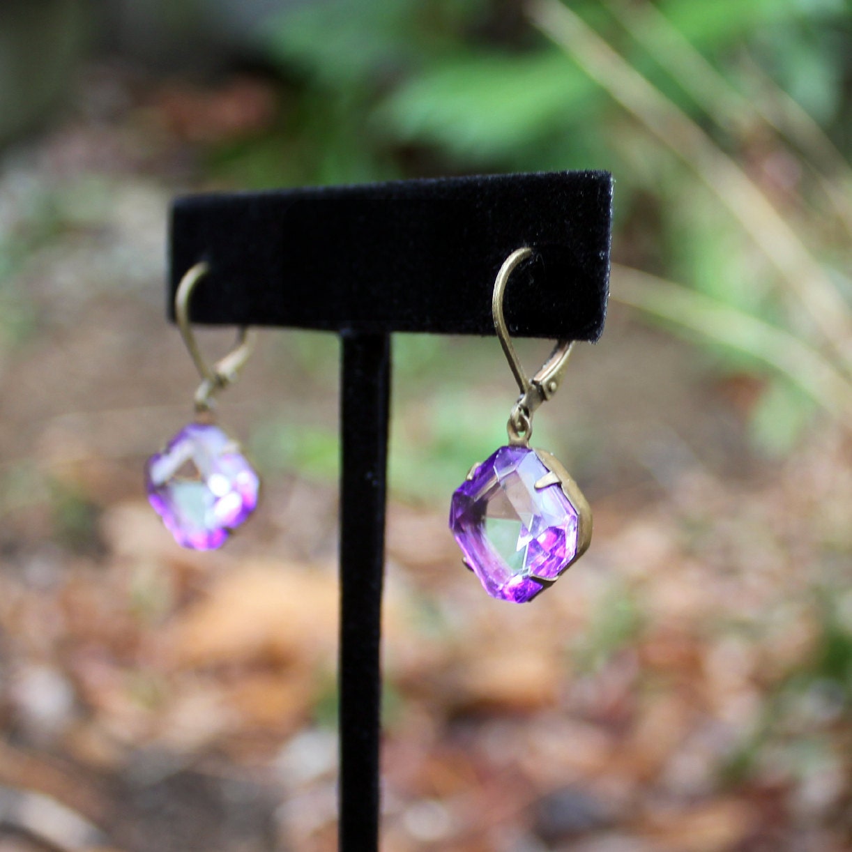 Vintage Purple Stone Earrings - Glass Jewel in Antiqued Brass Setting