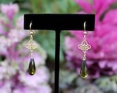 Olive Green earrings - Cubic Zirconia CZ teardrop with gold filigree