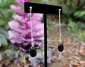 Long Dangly Post Earrings - Long Chain with black Swarovski crystal - 925 Sterling Silver Post - Affordable Going Out Earrings
