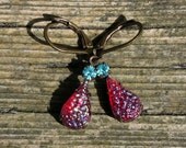 Pink Vintage Glass Stone Teardrop Earrings with Aquamarine Blue Rhinestones - Druzy Glass Jewel with AB coating