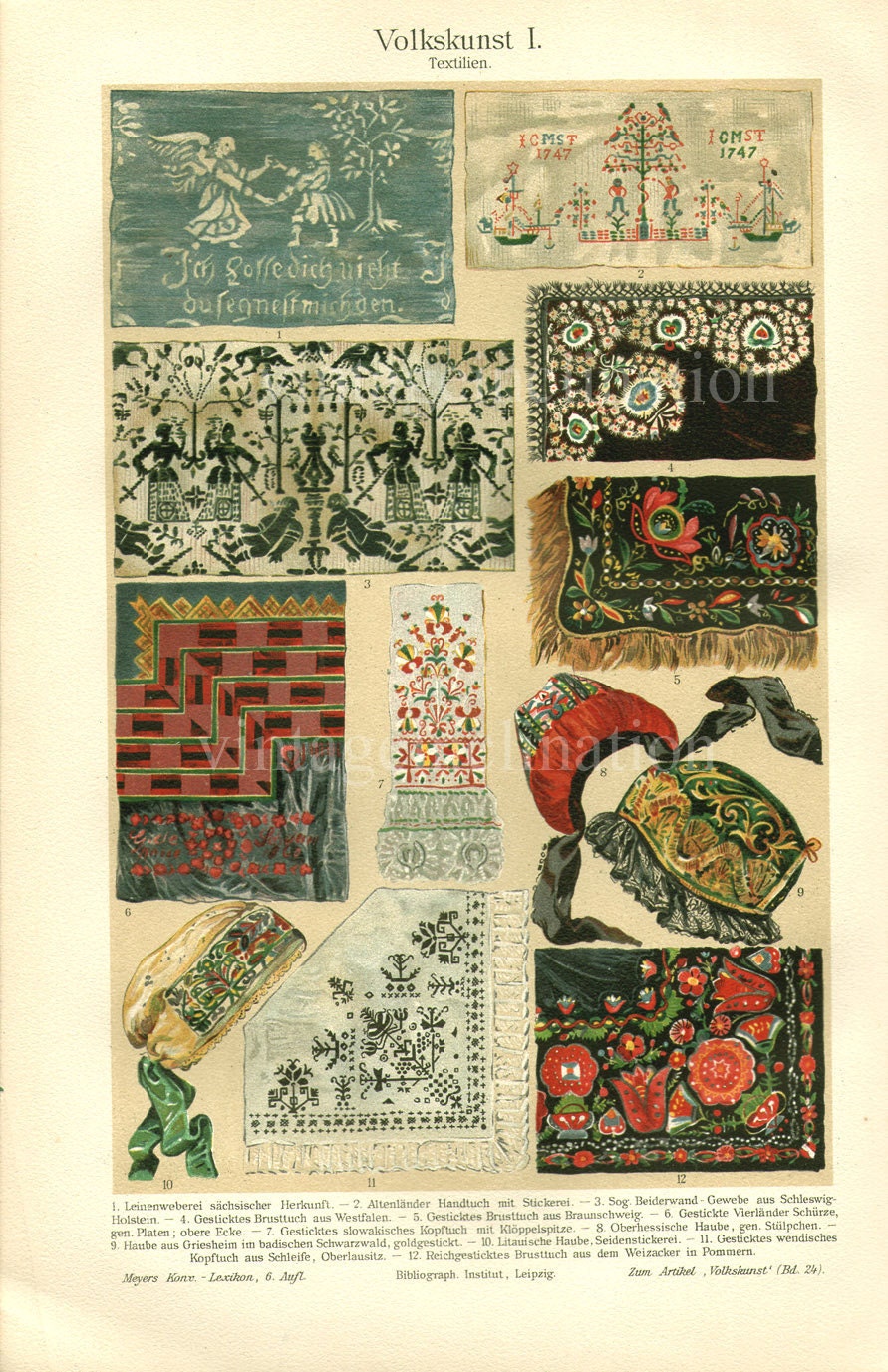 Antique Vintage 1894 Gorgeous Chromolithograph, Folk Art Textiles, 1800s art German color lithograph