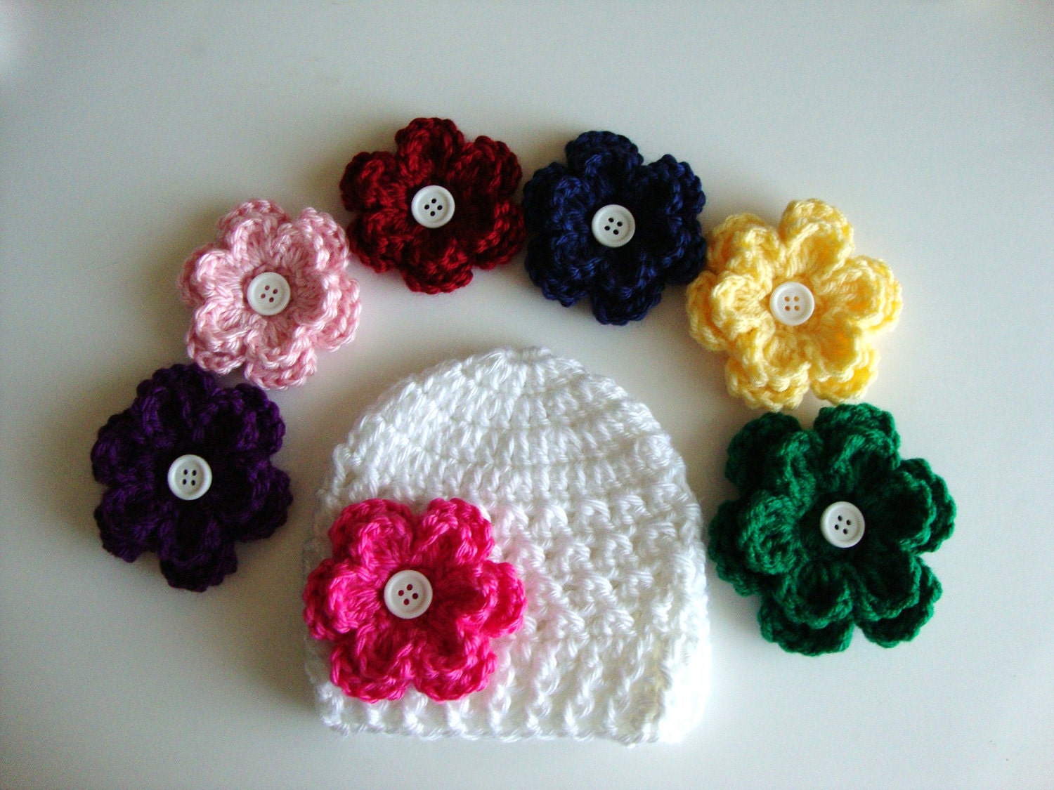 Crochet Girl/Baby Hat with 3 Different Flower Options - Made to Order - Choose from 23 Flower Colors - Also in Toddler, Girl Sizes