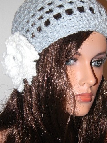 Handmade Blue Hat with Sparkly Flower Detail--MADE TO ORDER
