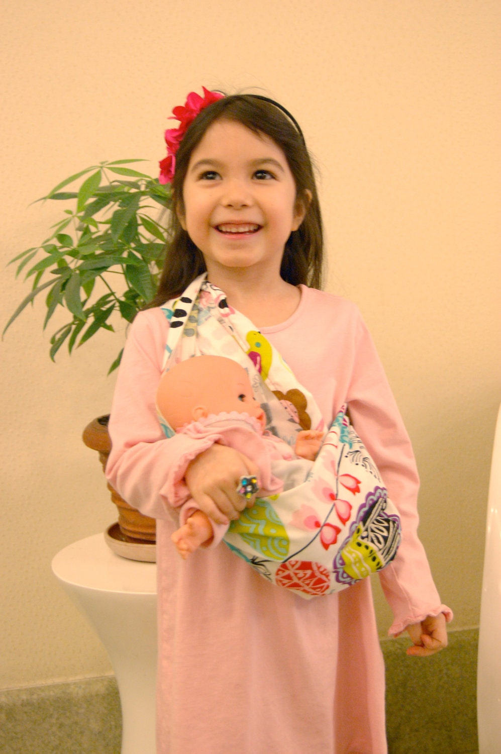 Baby Doll Sling For Urban Girls - Pouch Style Pleated Shoulder Doll Carrier - "June Bug" Alexander Henry Collection 100% Cotton