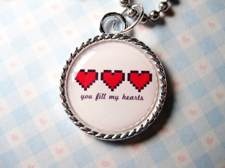 Legend of Zelda Style 8 Bit Hearts "You Fill My Hearts" Boyfriend Girlfriend Couple Pendant Necklace
