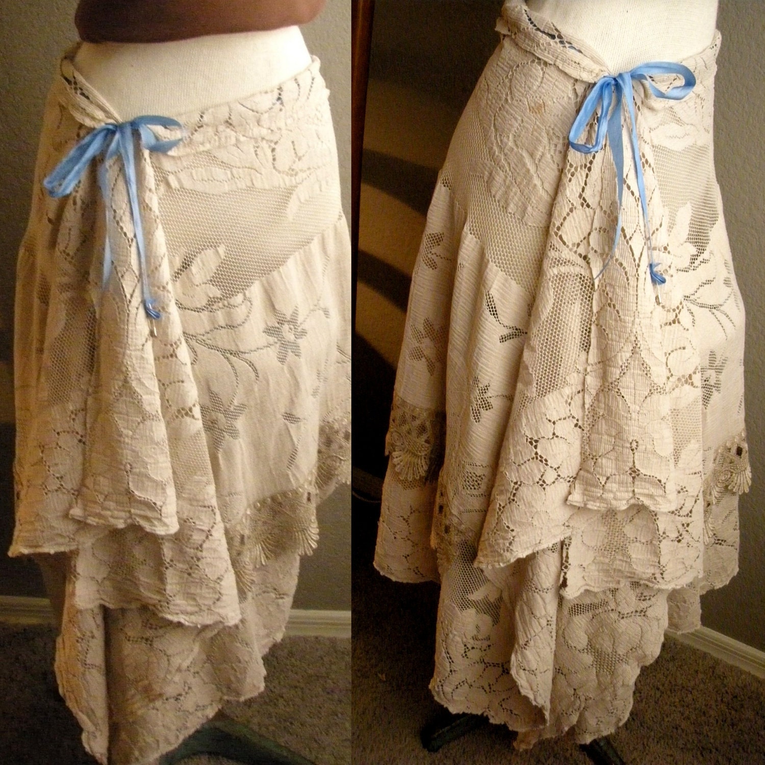 Lace Convertible Skirt Dress Vintage Linens Repurposed Upcycled Asymetrical Hem Hippie Boho Up to 36" Waist