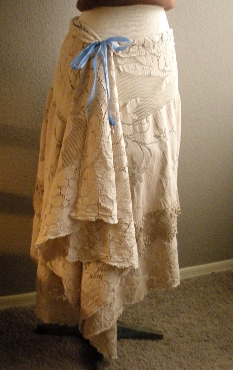 Lace Convertible Skirt Dress Vintage Linens Repurposed Upcycled Asymetrical Hem Hippie Boho Up to 36" Waist