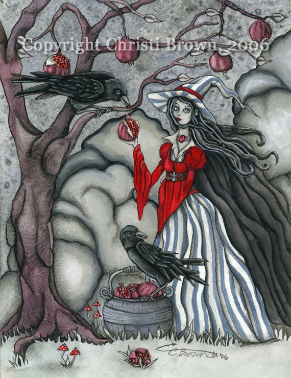 Witch and Crows watercolor painting Halloween greeting card or art print ravens
