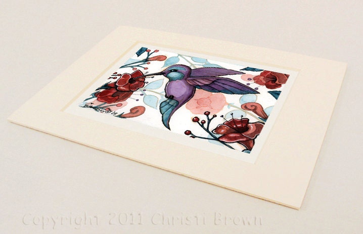Hummingbird watercolor painting art print lavender teal humming bird matted