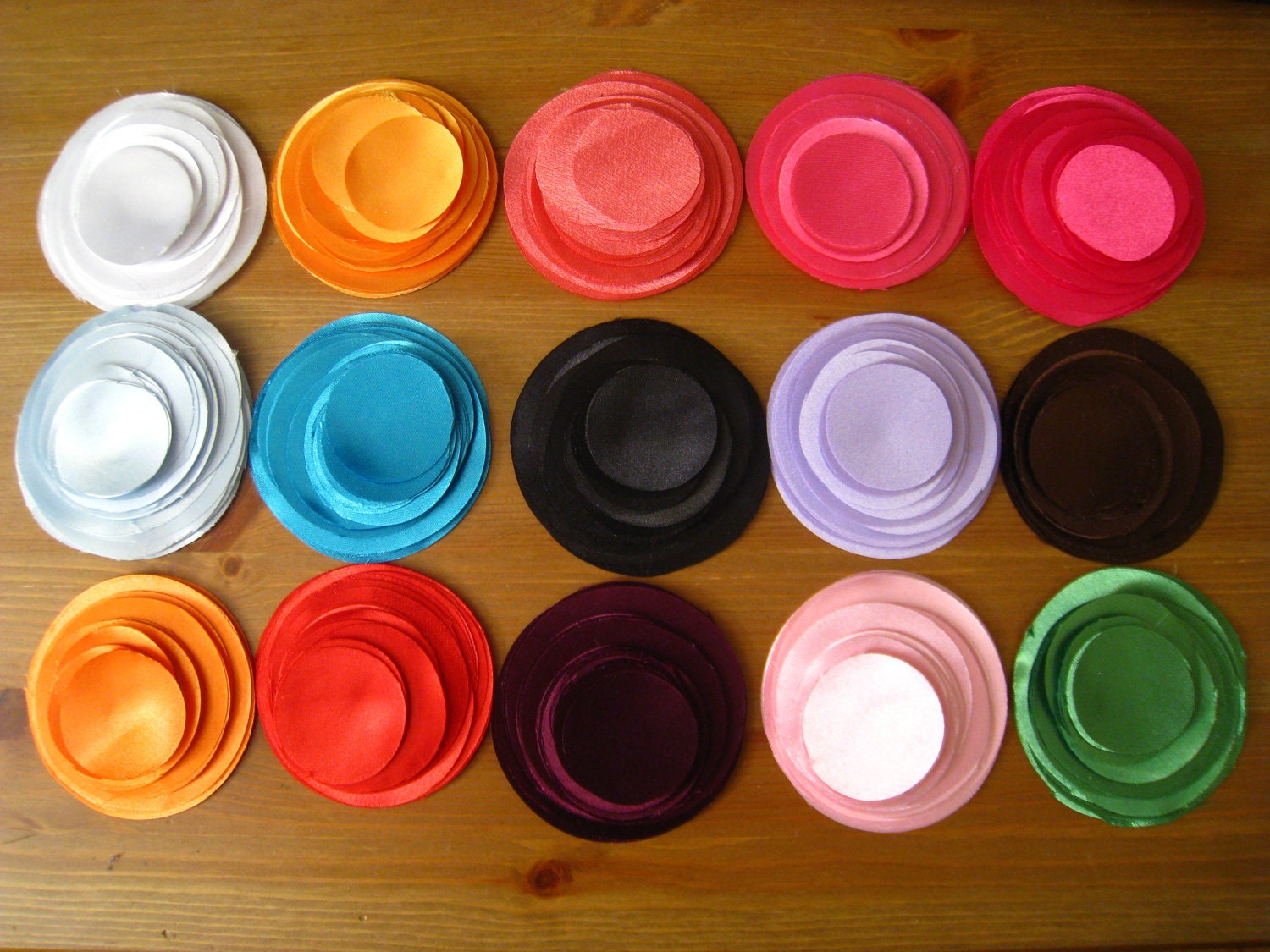 14 colors Satin Fabric Circles to burn edge and make fabric flowers