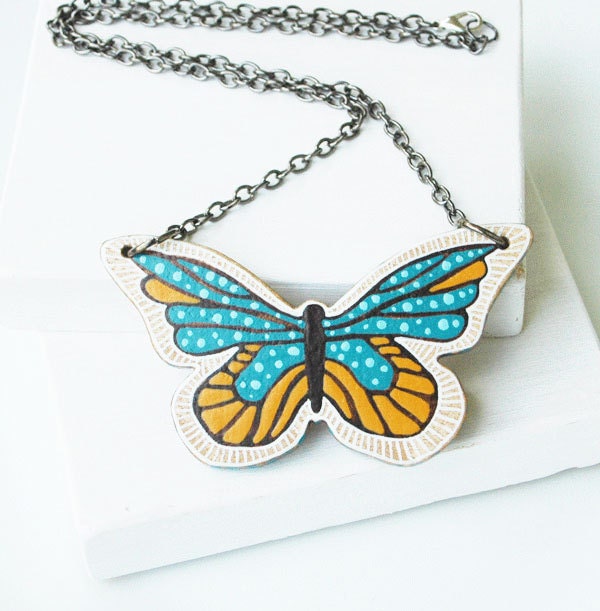 Butterfly Necklace Blue and Yellow Animal Necklace Hand Painted on Walnut Wood Art Pendant