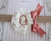 Sweet Beige Headband adorned with Ivory Satin Cabbage Rose and Darling Cameo centre. Headband or Clip. Great Photo Prop. 0252