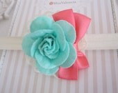 Sweet Ivory Headband with Turquoise Blue Felt Rose, Lace and Perfect Pink Bow. Headband or Clip Great Photo Prop. 0264