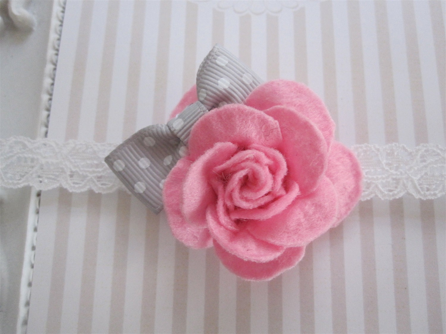Sweet White Lace Headband with Pink Felt Rose and Perfect Grey Polka Dot Bow. Headband or Clip. Great Photo Prop. 0270
