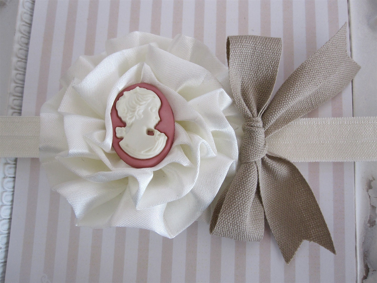 Darling Ivory Headband adorned with Ivory Satin Cabbage Flower, Rose Cameo centre & Tan Bow. Headband or Clip. Great Photo Prop. 0274
