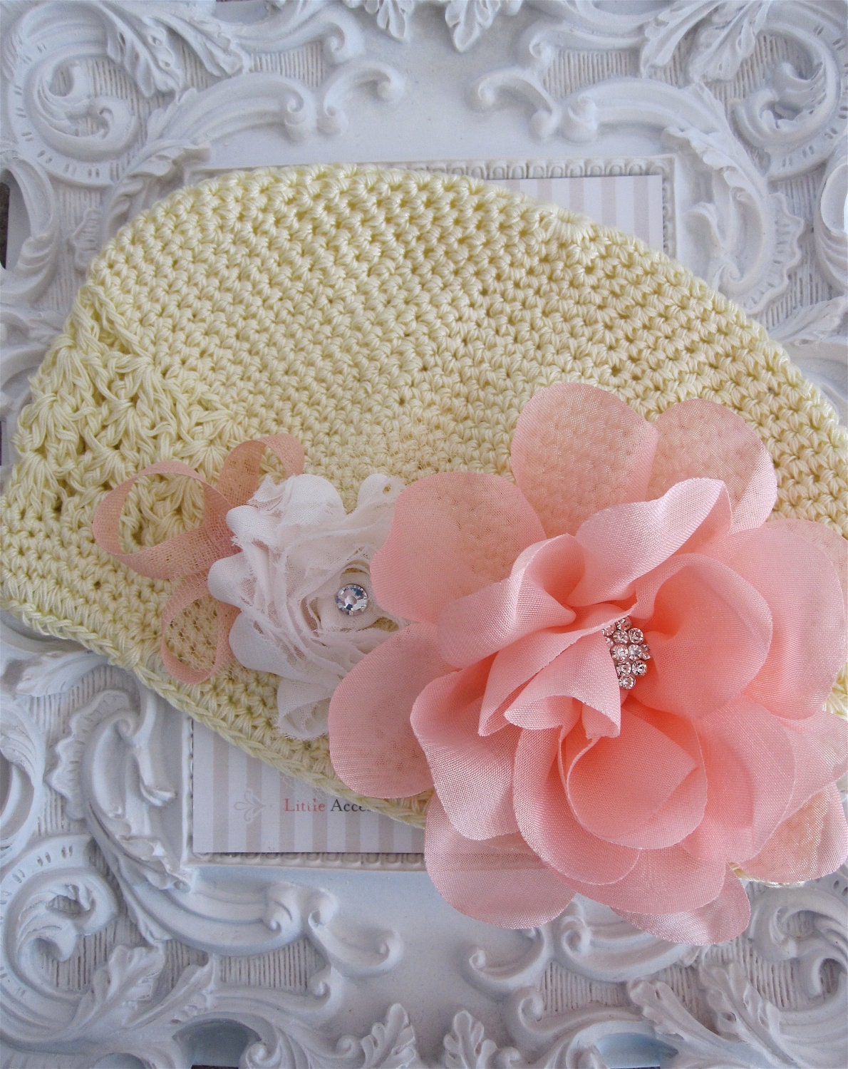 Butter Yellow Toddler Beanie w Large Pink Chiffon Flower, white flower & rhinestone centres and pink ribbon detail. Great Photo Prop. 0284
