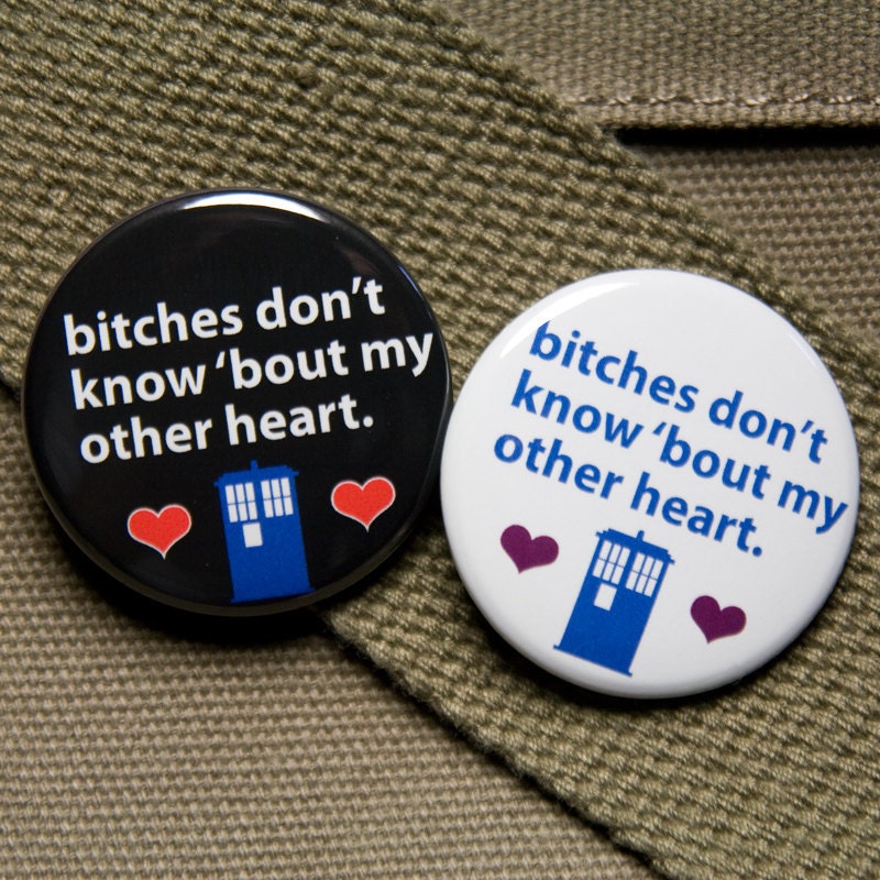 The Doctor has two hearts meme badge button flair whovian