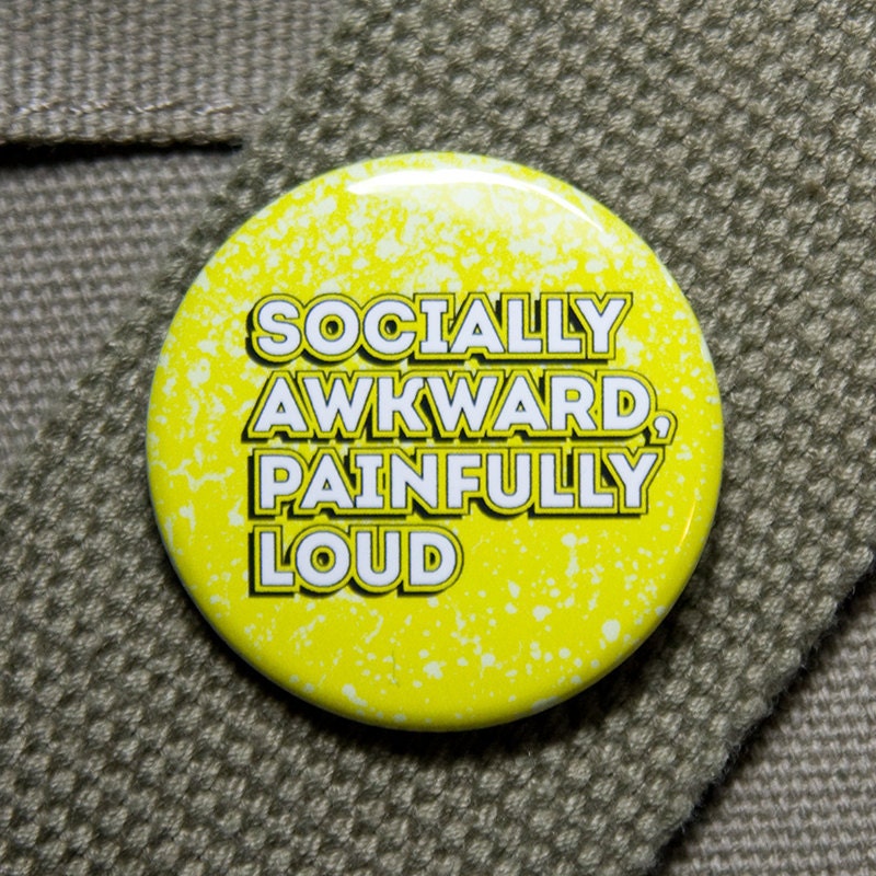 Socially awkward nerd button badge in yellow
