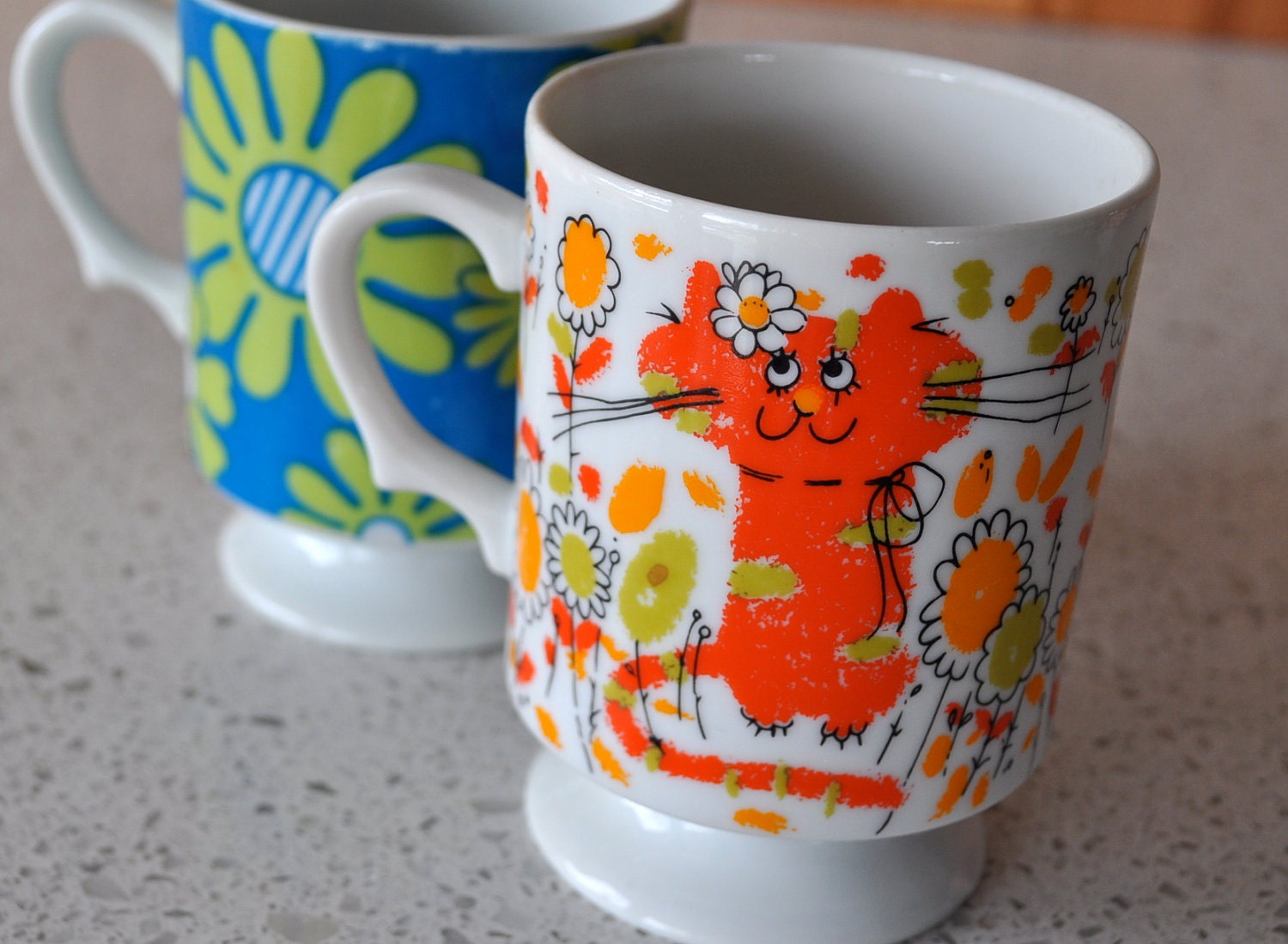Orange Kitty Coffee Mug and Blue Flowers set of 2 Pedestal mugs