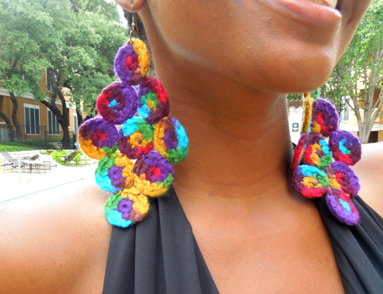 Crochet Earrings - Large Earrings - Multicolor Earrings - Red, Yellow, Green, Blue, Purple - TAMI