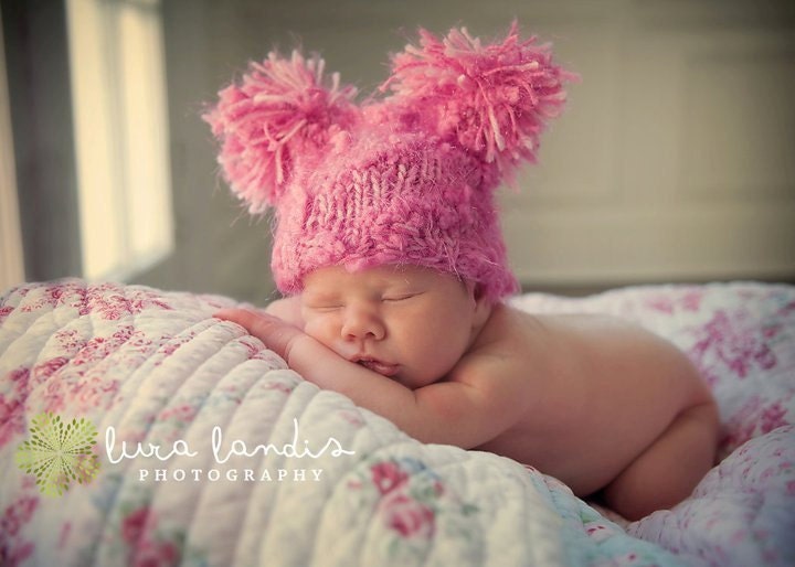 Pink Puffy chunky pom-pom hat for baby - Newborn Hat - photo prop - knitbysarah - stitches by sarah