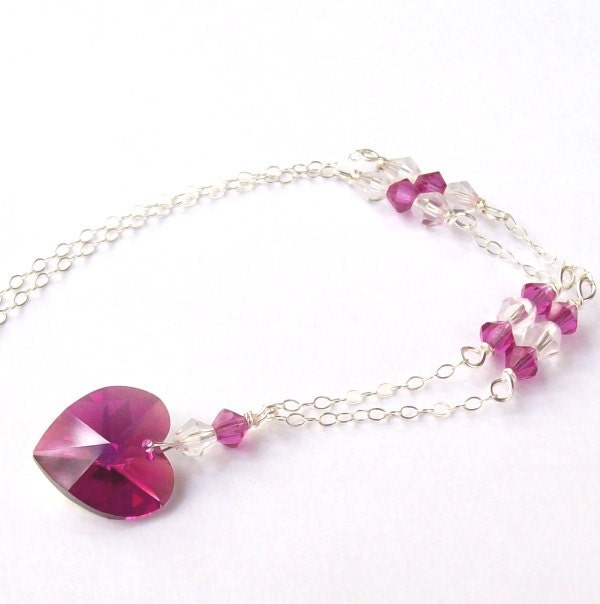 SALE Pink Heart Necklace, Crystal Necklace, sterling silver, keepsake, fall fashion, fuchsia, swarovski