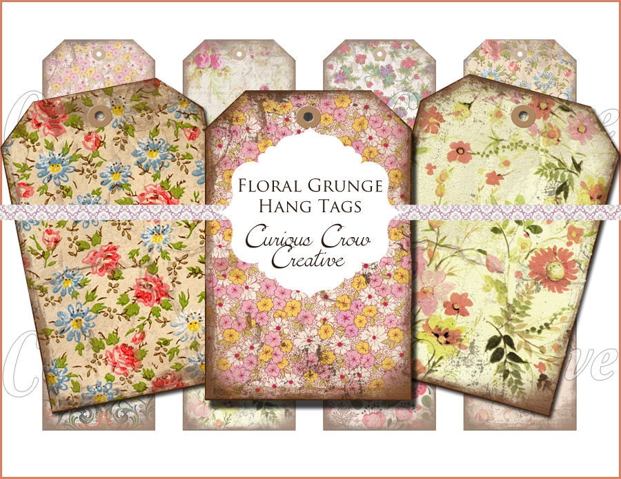 Grungy Floral Hang Tags Digital Collage Sheet - 2 x 3 -  INSTANT Printable Download
