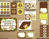 Printable Monkey Party Package - Completely DIY - Personalized - Includes Invitation, Thank you card, cupcake toppers, favor tags and more