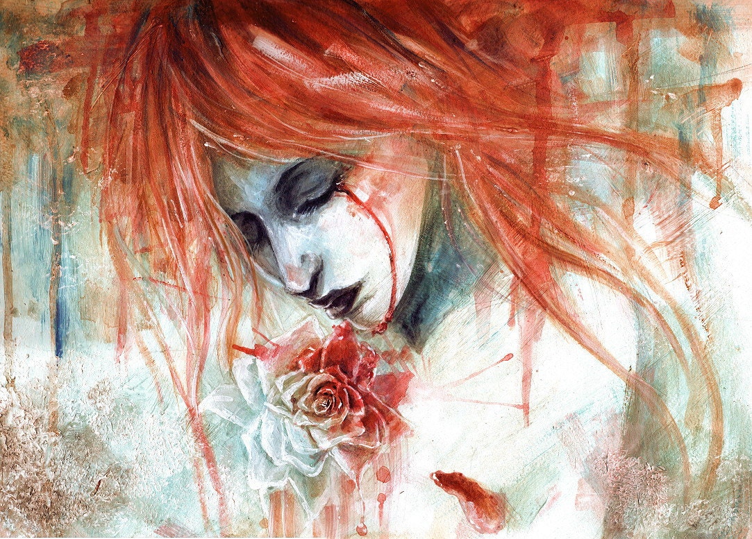 PRINT Acrylic on paper - girl and red flower -