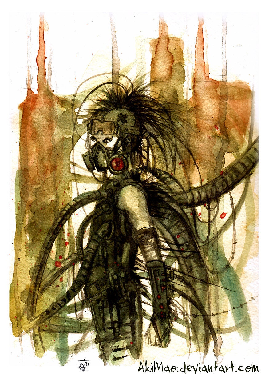 gasmask - cyber - watercolor -